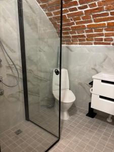 a bathroom with a toilet and a glass shower at Hubane apartment Tartu kesklinnas in Tartu