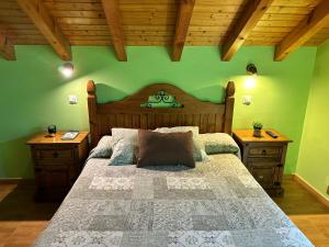 イスラにあるApartamentos Rurales Las Dos Torresの緑の壁のベッドルーム1室(大型ベッド1台付)