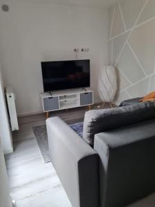 a living room with a couch and a flat screen tv at Lilias Ruheoase in Pfungstadt