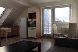 普雷紹夫的住宿－SK Apartments，一间带冰箱和桌子的厨房