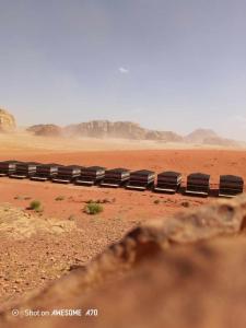 a row of black chairs in the desert at Milky Way Bedouin Camp in Wadi Rum