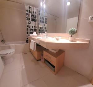 La salle de bains est pourvue d'un lavabo, de toilettes et d'un miroir. dans l'établissement Apto Laguna Beach Vera Playa, à Vera