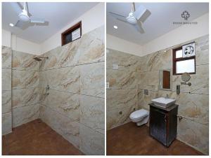 two pictures of a bathroom with a shower and a toilet at HOTEL KRISHNA RESIDENCY in Amritsar