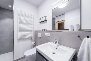 bagno con lavandino, servizi igienici e specchio di Peters Lodge 7 a Grömitz