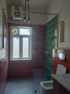 een badkamer met een douche, een raam en een toilet bij Dezire Holidays South Goa in Goa