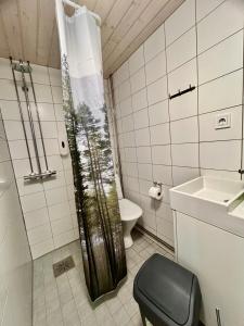 a bathroom with a toilet and a shower and a sink at ChillOut GuestHouse Lahti in Lahti