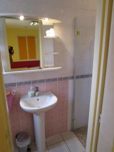 a bathroom with a sink and a shower with a mirror at Locatlantique in Aytré