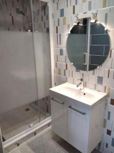 een badkamer met een wastafel, een spiegel en een douche bij Gîte LE LOFT chez Judith et Neiges 