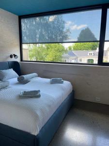 Eidsvoll的住宿－Wergelandshaugen，一间卧室设有一张床和一个大窗户