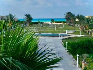 ośrodek z basenem, palmami i oceanem w obiekcie Villa123 w mieście El Alamein