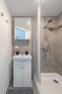 ein Badezimmer mit einem weißen Waschbecken und einer Dusche in der Unterkunft Minimalist Studio Apartments by Hostlovers in Kaunas