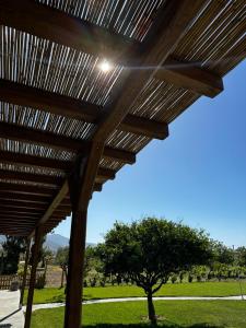 a wooden pergola with a tree in a field at Peristerionas Estate in Karistos