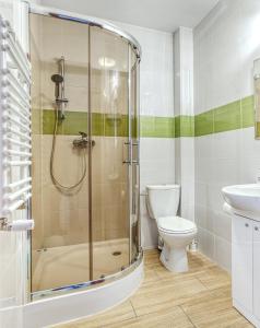 uma casa de banho com um chuveiro e um WC. em Marina em Ostrowo