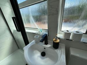 ein weißes Waschbecken im Bad mit Fenster in der Unterkunft Stunning 4 BED House for Contractors & Holiday Makers in Reading