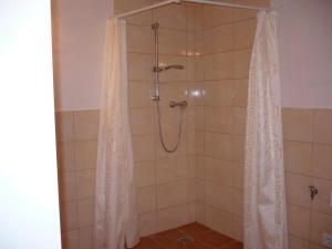 a shower with a shower curtain in a bathroom at Ferienwohnung 500m zum See - a55874 in Vollrathsruhe