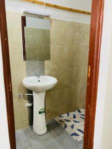 een badkamer met een wastafel en een spiegel bij Pendeza Hyrax Residence in Nakuru