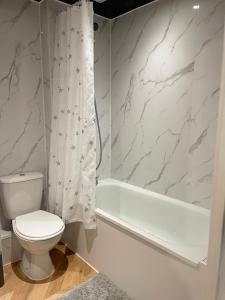 een badkamer met een toilet, een bad en een wastafel bij Eldridge Court Apartment in Dagenham