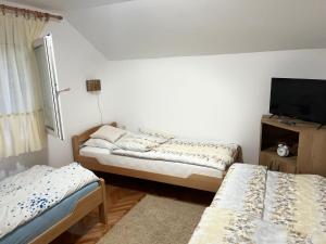 a room with two beds and a flat screen tv at Apartmani Doksas Degurić in Belić