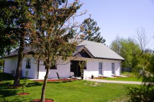 a white house with a tree in the yard at Siedlisko Staszkówka in Huszlew