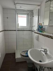 a bathroom with a sink and a toilet and a shower at Ferienwohnung Bettina in Bad Staffelstein