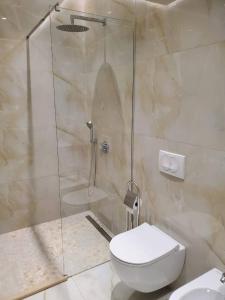 a bathroom with a shower and a toilet and a sink at Central Luxe Apartment in Tirana