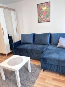 un divano blu e un tavolo in soggiorno di Kawalerka w centrum miasta 60 a Łódź