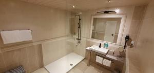 ein Bad mit einer Dusche, einem Waschbecken und einem Spiegel in der Unterkunft Strandhaus an der Mosel in Valwig