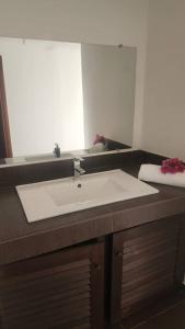 a bathroom with a white sink and a mirror at BEACHFRONT APPARTMENT in Kribi