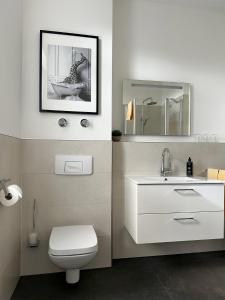 een badkamer met een toilet, een wastafel en een spiegel bij Weingut Pieper - Vinothek & Hotel am Drachenfels in Bad Honnef am Rhein