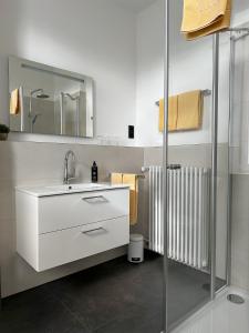 ein Bad mit einem Waschbecken und einem Spiegel in der Unterkunft Weingut Pieper - Vinothek & Hotel am Drachenfels in Bad Honnef am Rhein