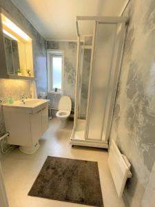 La salle de bains est pourvue d'une douche, d'un lavabo et de toilettes. dans l'établissement Lassiebyn 10, à Branäs
