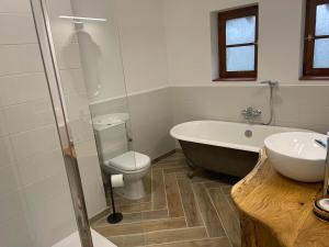 un bagno con vasca, WC e lavandino di ChezLeMoulin-Boulangerie a Samouillan