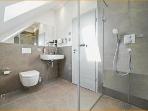 a bathroom with a shower and a toilet and a sink at Hotel Landlust St. Martin in Sankt Martin