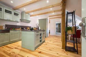 a kitchen with green cabinets and a wooden floor at Suite mit Dachterrasse in Dedelstorf