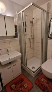 La salle de bains est pourvue d'une douche, d'un lavabo et de toilettes. dans l'établissement REST-ATILA, à Hanovre