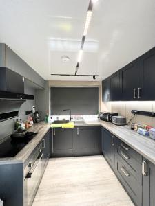 a large kitchen with black cabinets and a sink at The Modern Space - New Renovation! in Pembrokeshire +12 photos