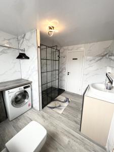 a bathroom with a sink and a washing machine at The Modern Space - New Renovation! in Pembrokeshire