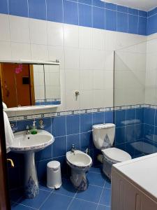 a blue and white bathroom with two toilets and a sink at Levi's Villa Radhima in Vlorë +19 photos