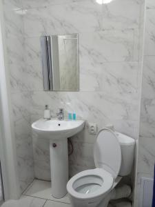 セメイにあるSilk Wayの白いバスルーム(トイレ、シンク付)