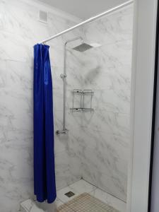 baño con ducha con cortina azul en Silk Way en Semey