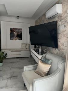 salon z kanapą i telewizorem z płaskim ekranem w obiekcie White Lotus w Nyíregyházie
