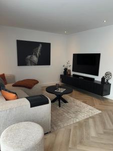 ein Wohnzimmer mit einem Sofa und einem Flachbild-TV in der Unterkunft Boulevard 3F in Arnhem