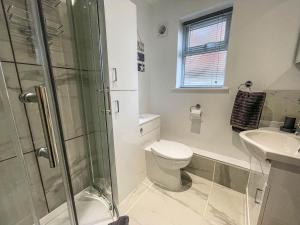 a bathroom with a toilet and a shower and a sink at Modern 2 Berth Seaside Studio Apartment On Ground Floor In Hemsby, Ref 99011ws in Great Yarmouth