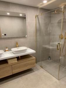 a bathroom with a sink and a glass shower at Apartmány Pec pod Sněžkou in Pec pod Sněžkou