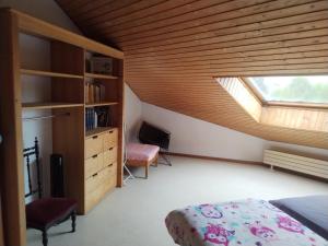 - une chambre avec une fenêtre, un lit et un bureau dans l'établissement Le Grand Nid - Bed and Books, à Sciez