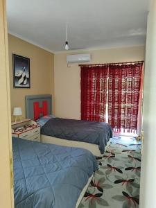 een slaapkamer met 2 bedden en een raam met rode gordijnen bij Sarf Farm Libohove in Libohovë