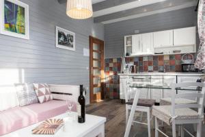 a kitchen and living room with a couch and a table at Apartmani Ivanka in Rakovica