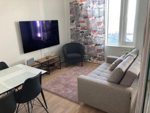 a living room with a couch and a tv at Topaasi in Tampere