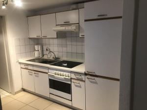 a kitchen with white cabinets and a sink and a refrigerator at Terrassenwohnung 1,5 Zi mit Garten in Bremen