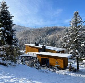 a house in the snow with a mountain in the background at Dom i Las in Brenna